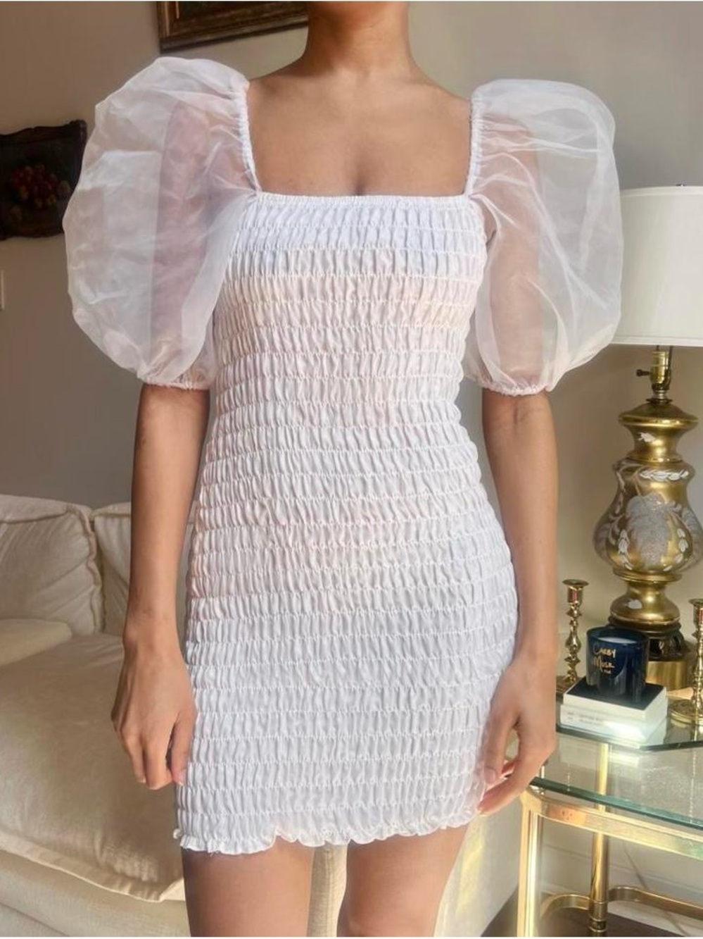 For Love & Lemons White Smocked Mini Dress with Sheer Puff Sleeves